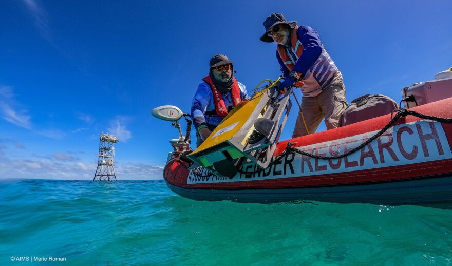 Australian Institute of Marine Science AIMS underwater imaging platform being launched from boat Credit Marie Roman