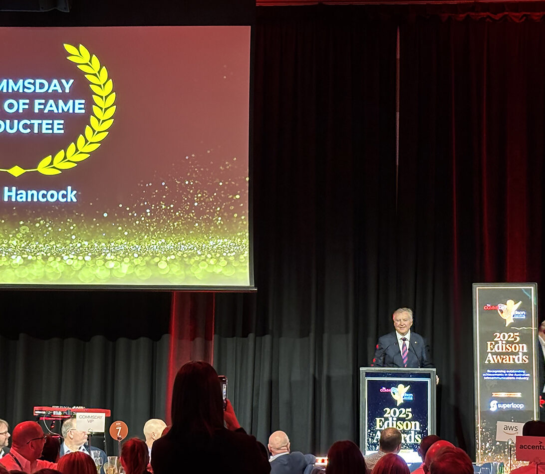 AARNet CEO Chris Hancock AM being inducted into the Communications Day (CommsDay) Hall Of Fame in June 2025