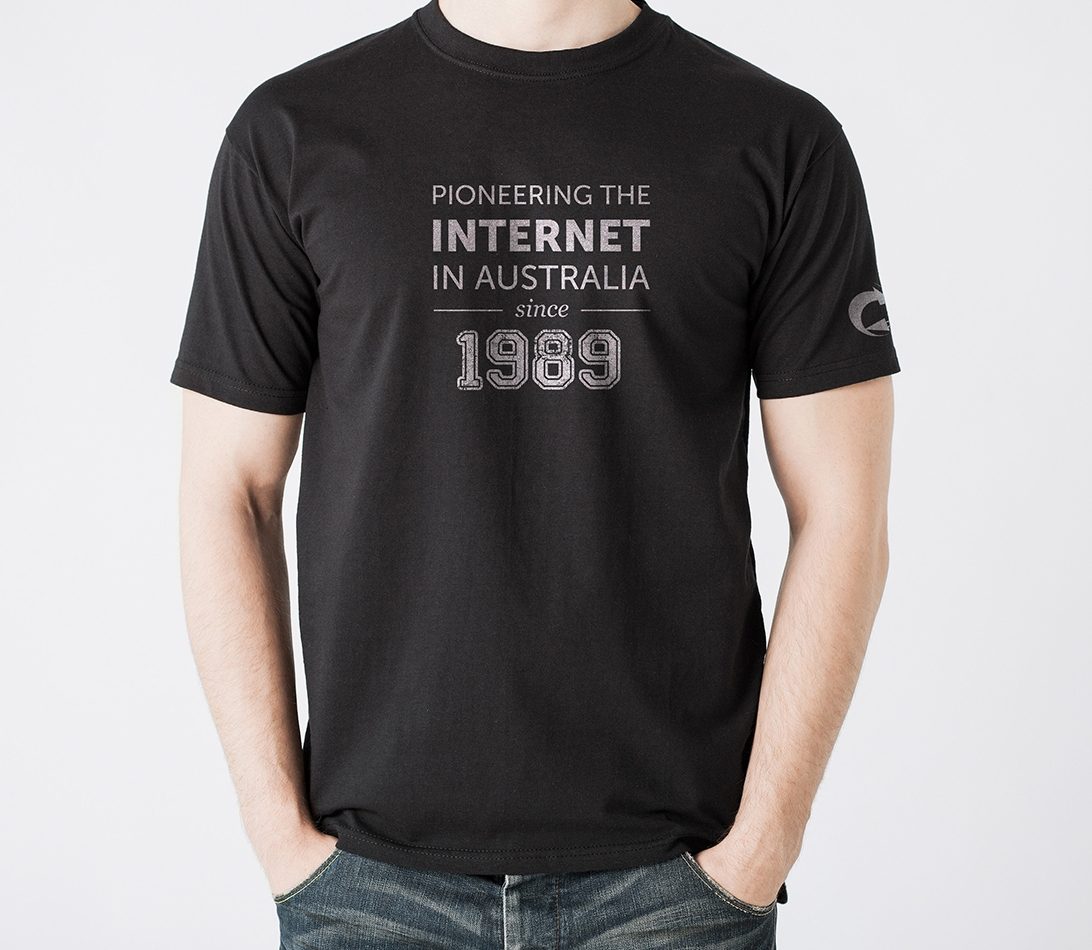 AARNet - our brand T-Shirt - Pioneering the Internet in Australia since 1989